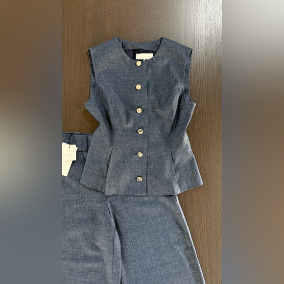 Tailored Sleeveless Button-Front Denim Vest & Wide-Leg Pants Set - Denim - Picture 5 of 15